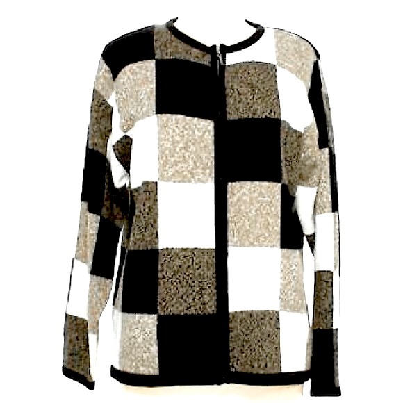 Dressbarn plus size 18/20 black gold white acrylic checkered zip cardigan EUC - Picture 14 of 15